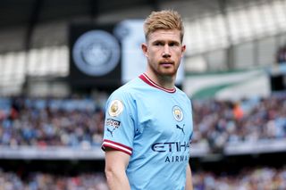 Kevin De Bruyne of Manchester City looks on during the Premier League match between Manchester City and Southampton FC at Etihad Stadium on October 08, 2022 in Manchester, England.