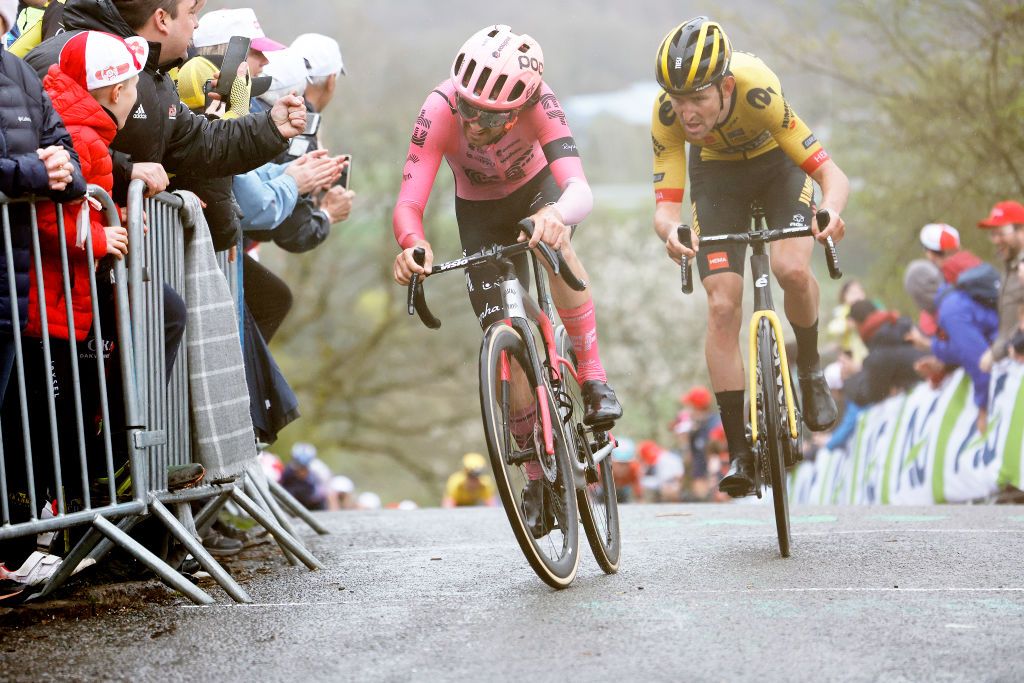 Ben Healy gives chase with Tiesj Benoot at Liege-Bastogne-Liege