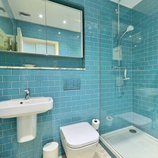 bathroom with blue titles