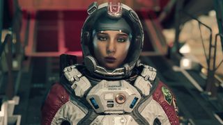 Uma captura de tela Starfield com Andreja em um traje espacial
