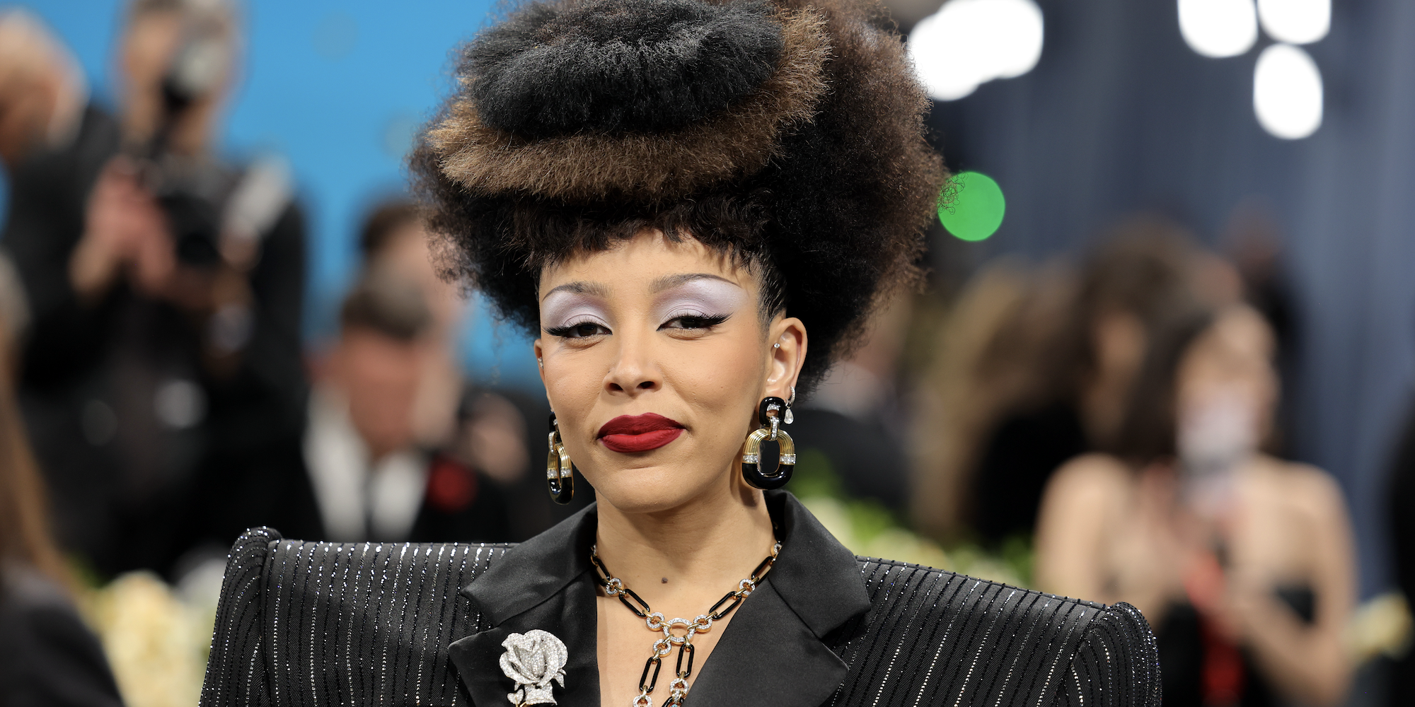 Doja Cat attends the 2025 Met Gala Celebrating "Superfine: Tailoring Black Style" at Metropolitan Museum of Art on May 05, 2025 in New York City in a leopard marc jacobs bodysuit