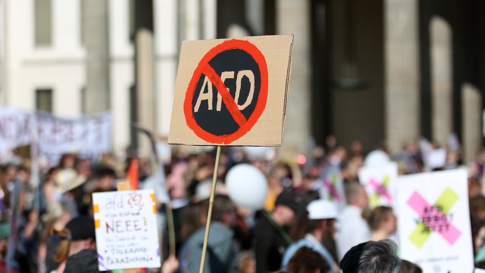 A sign showing "AfD" in a "no" symbol at a protest in Berlin in favour of banning the far-right Alternative for Germany party