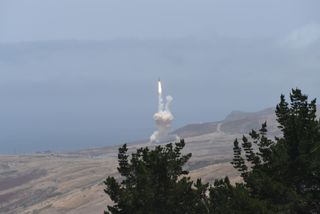 A long-range view of the U.S. military's Ground-Based Interceptor launch from Vandenberg Air Force Base in California during a successful live-fire missile defense test on May 30, 2017.
