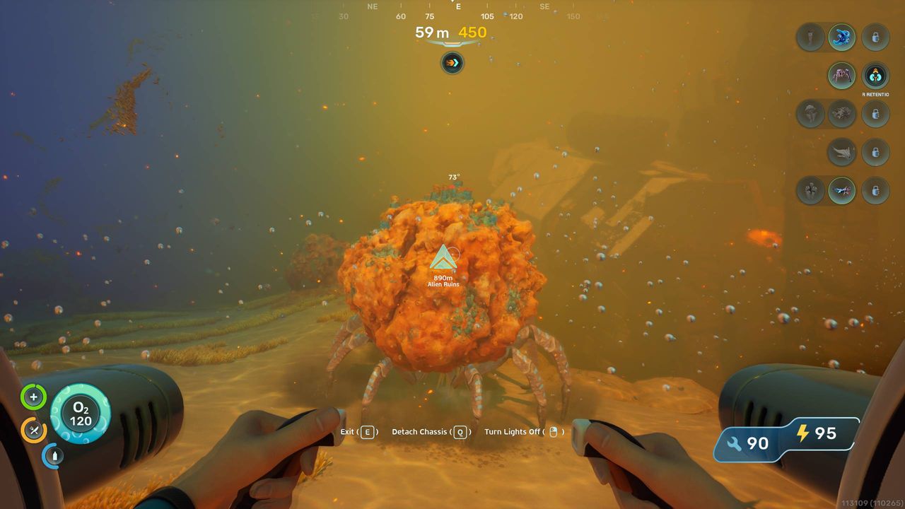 Subnautica 2 Biomods: A player looking at a Coral Crab next to a shipwreck in the volcanic vents area.