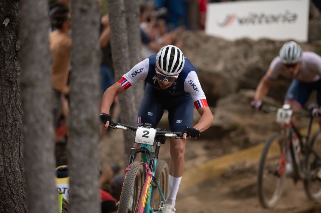 Victor Koretzky of France competes in the UCI Mountain Bike World Championships Men in Pal Arinsal, Andorra, on September 1, 2024. (Photo by Martin Silva Cosentino/NurPhoto)