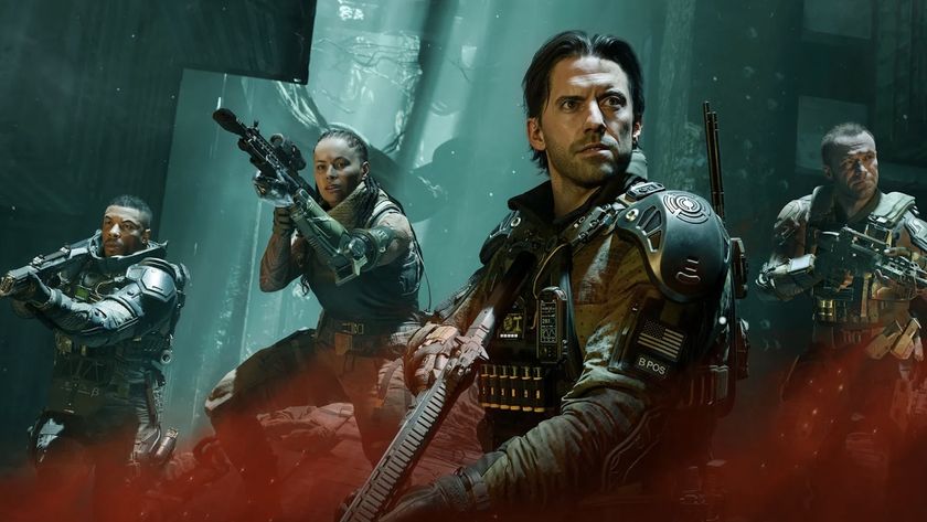 Four soldiers move through red gas with their weapons drawn