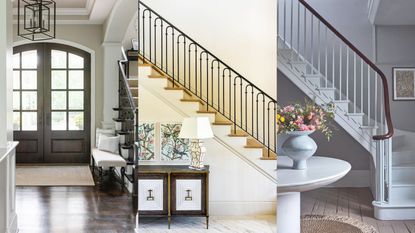 Entryway with arched doors and a modern chandellier, a small bench seat and dark wood floors / A foyer entryway with a long stairsacse and old sideboard console table with a large lamp anf two vases. two floral prints hung above it. / A fresh country look. Entrance hall with white wooden stairway and flower bouquet on round table.