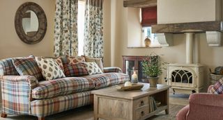 woodland print fabrics in cottage style living room