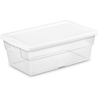 A clear plastic storage bin with lid