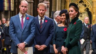 Prince William, Duke of Cambridge and Catherine, Duchess of Cambridge, Prince Harry, Duke of Sussex and Meghan, Duchess of Sussex attend a service marking the centenary of WW1 armistice at Westminster Abbey on November 11, 2018 in London, England. The armistice ending the First World War between the Allies and Germany was signed at Compiègne, France on eleventh hour of the eleventh day of the eleventh month - 11am on the 11th November 1918. This day is commemorated as Remembrance Day with special attention being paid for this year's centenary.