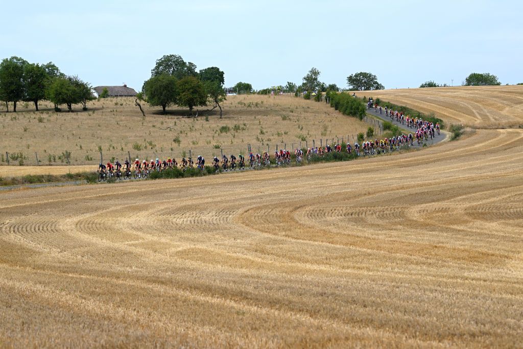 SAINTDIDESVOSGES FRANCE JULY 28 A general view of the peloton competing during the 1st Tour de France Femmes 2022 Stage 5 a 1756km stage from BarleDuc to SaintDidesVosges TDFF UCIWWT on July 28 2022 in SaintDidesVosges France Photo by Dario BelingheriGetty Images