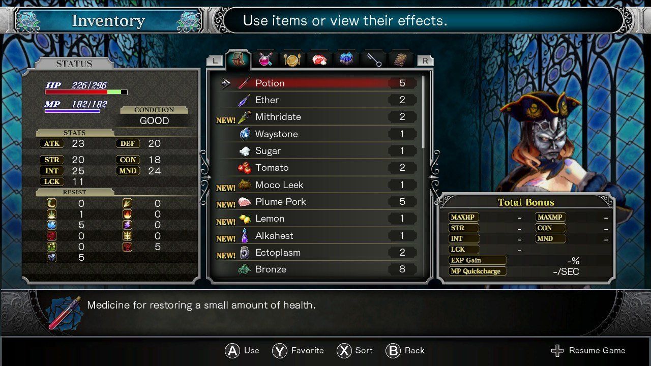 Bloodstained: Ritual of the Night item inventory