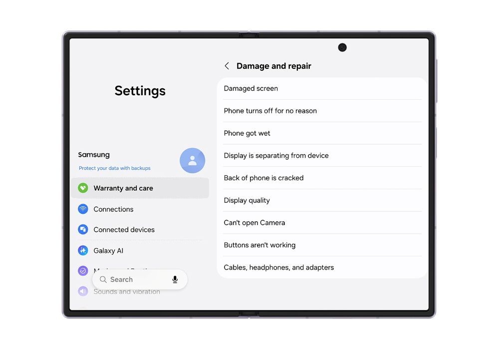 Damage and repair section in Samsung's new warranty and care menu