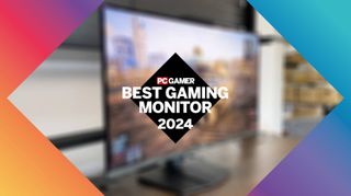 Blurred picture of a gaming monitor behind the PC Gamer Best Gaming Monitor 2024 logo and styling