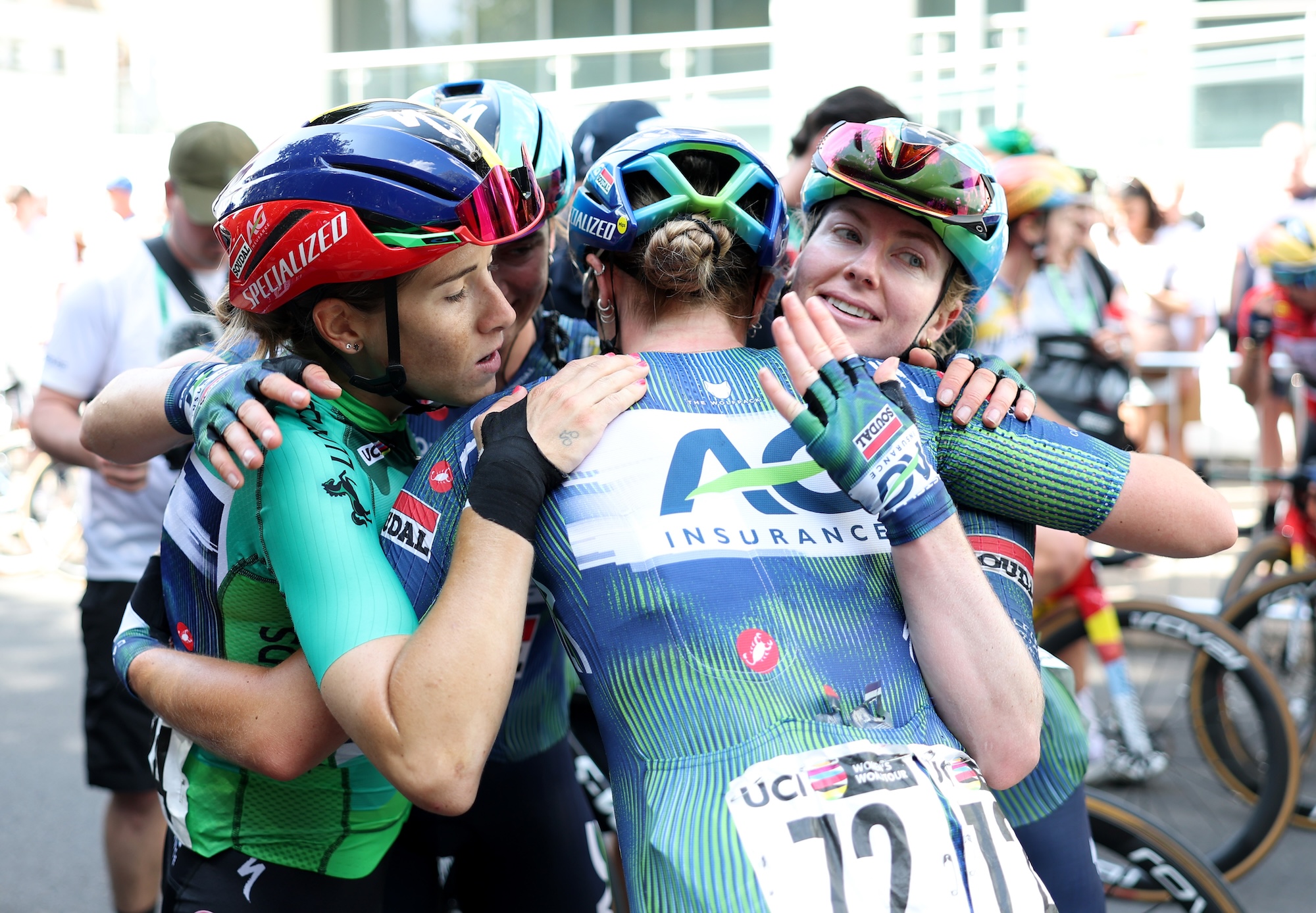 Final overall winner, Kim Le Court-Pienaar of Mauritius and Team AG Insurance - Soudal Team - Green Leader Jersey reacts with her team-mates after the 11th Lloyds Tour of Britain Women 2026