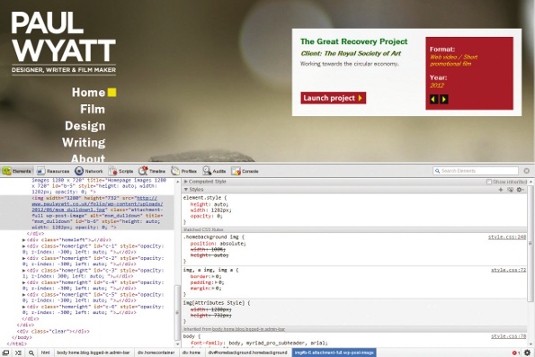 Paul Wyatt's new homepage, showing the CSS necessary for the site’s scalable background image
