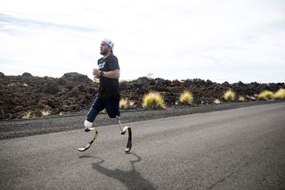 Billy Monger running the marathon on his blades.