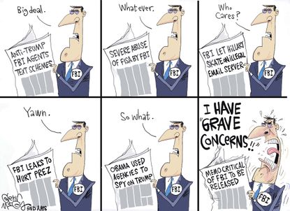 Political cartoon U.S. Nunes memo FBI conspiracy Obama Clinton emails liberal bias