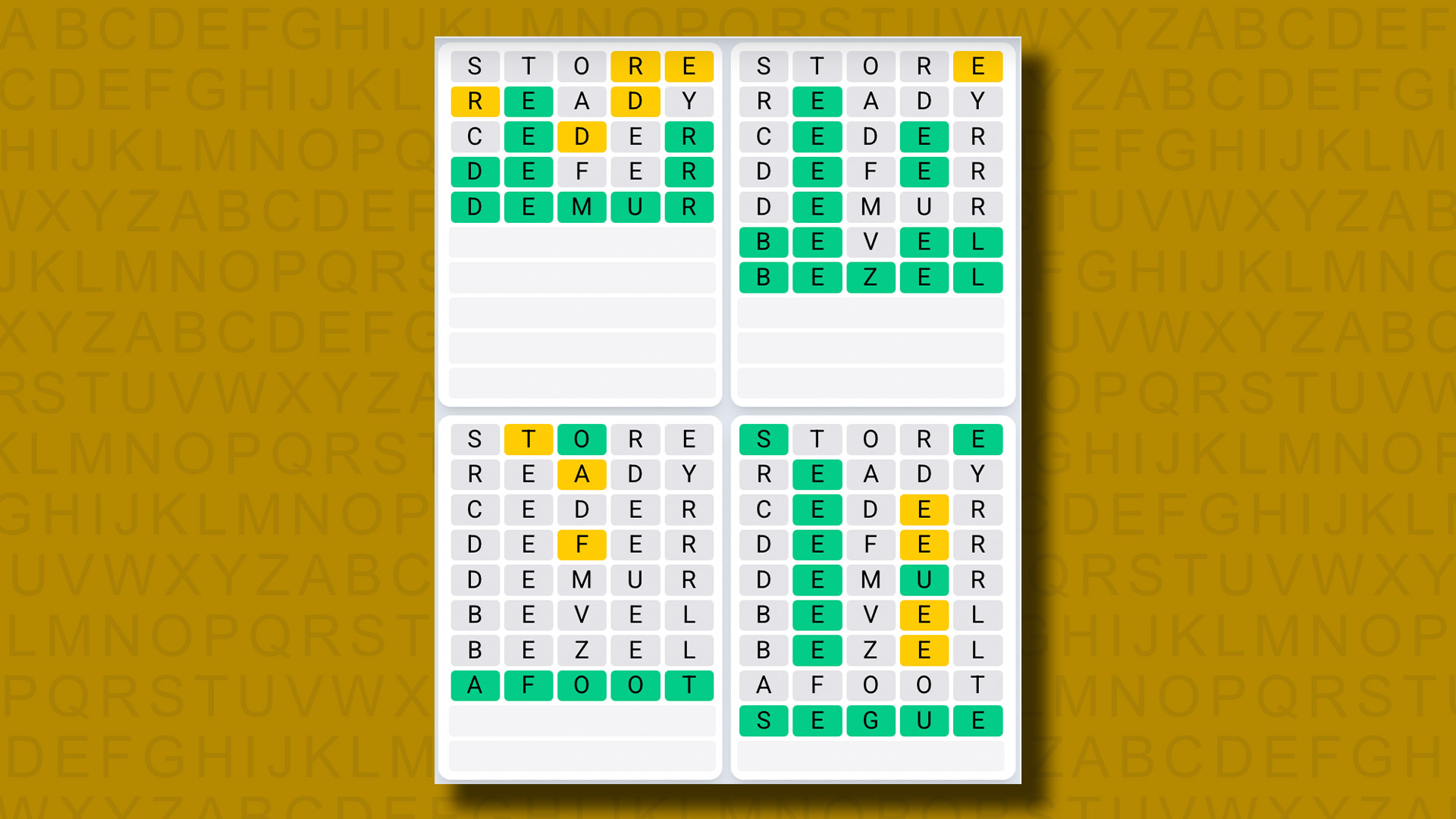 Quordle Daily Sequence answers for game 1094 on a yellow background