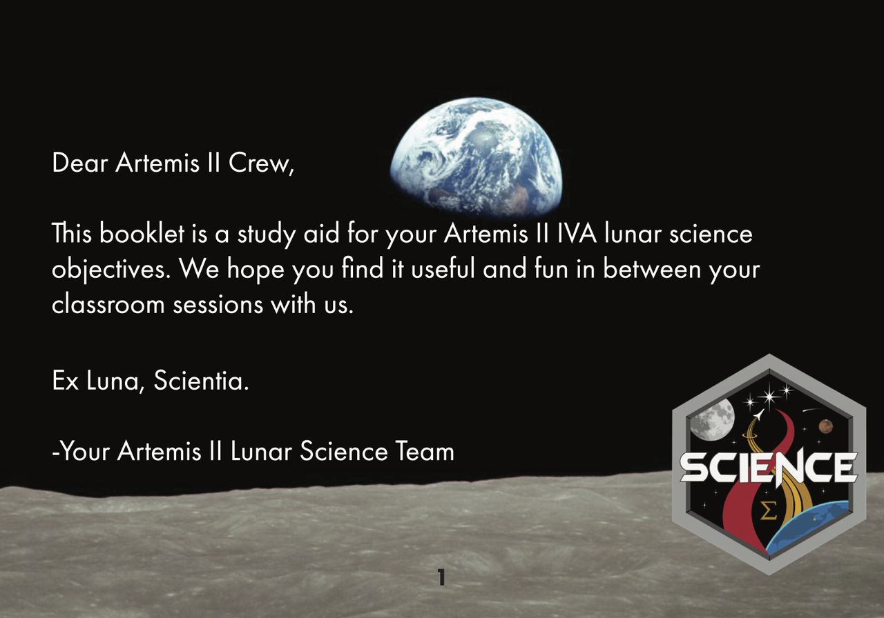 Booklet info message from Artemis 2 lunar science team.