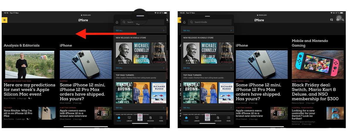 How to reposition an app in Slide Over: Drag the edit handle to position the Slide Over window to the left or the right of the screen.