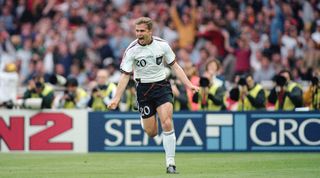 Oliver Bierhoff of Germany celebrates after scoring the golden goal in the final of the 1996 UEFA European Championship