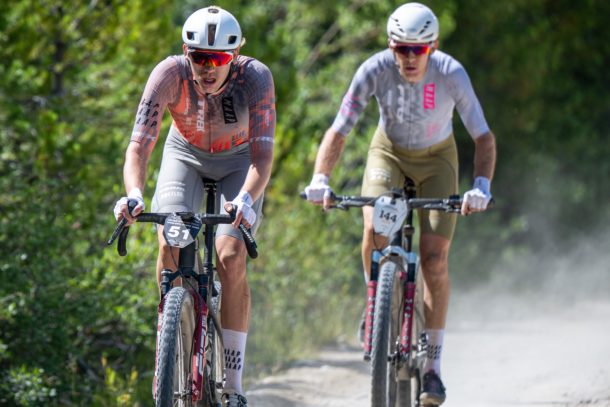 Toby R&amp;oslash;ed, who finished fourth, rides in front of Chad Haga at 2025 Leadville Trail 100 MTB