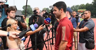 Arsenal Manager Mikel Arteta is interviewed before the Arsenal training session at George Mason University on July 17, 2023 in Washington, DC.