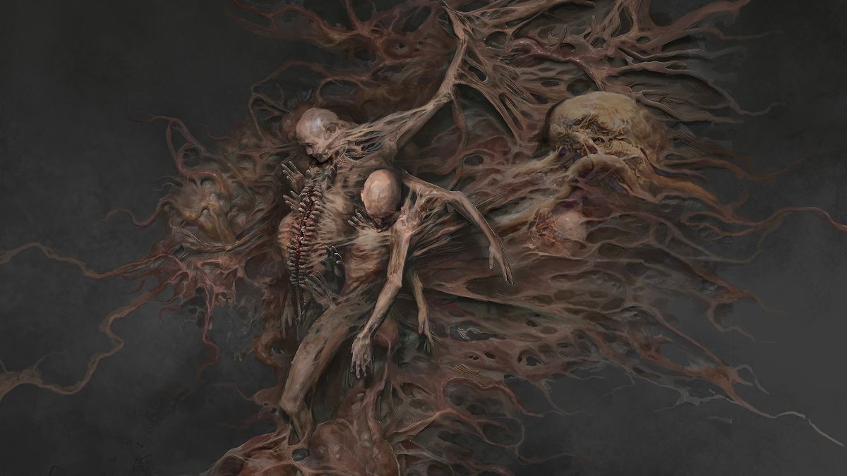 Concept art from Cronos: The New Dawn shows a fleshy creature with two heads and many arms.