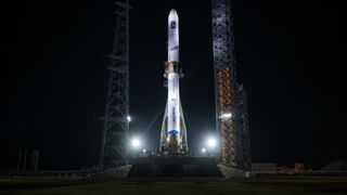 Blue Origin's white and blue New Glenn rocket on the pad for its first launch.