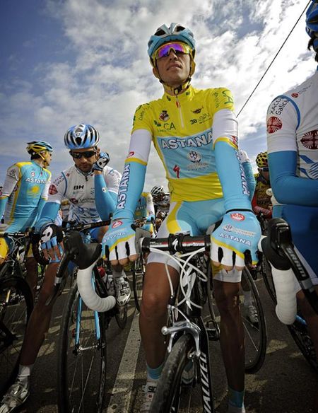 Race leader Alberto Contador (Astana) awaits the start of the fourth stage.
