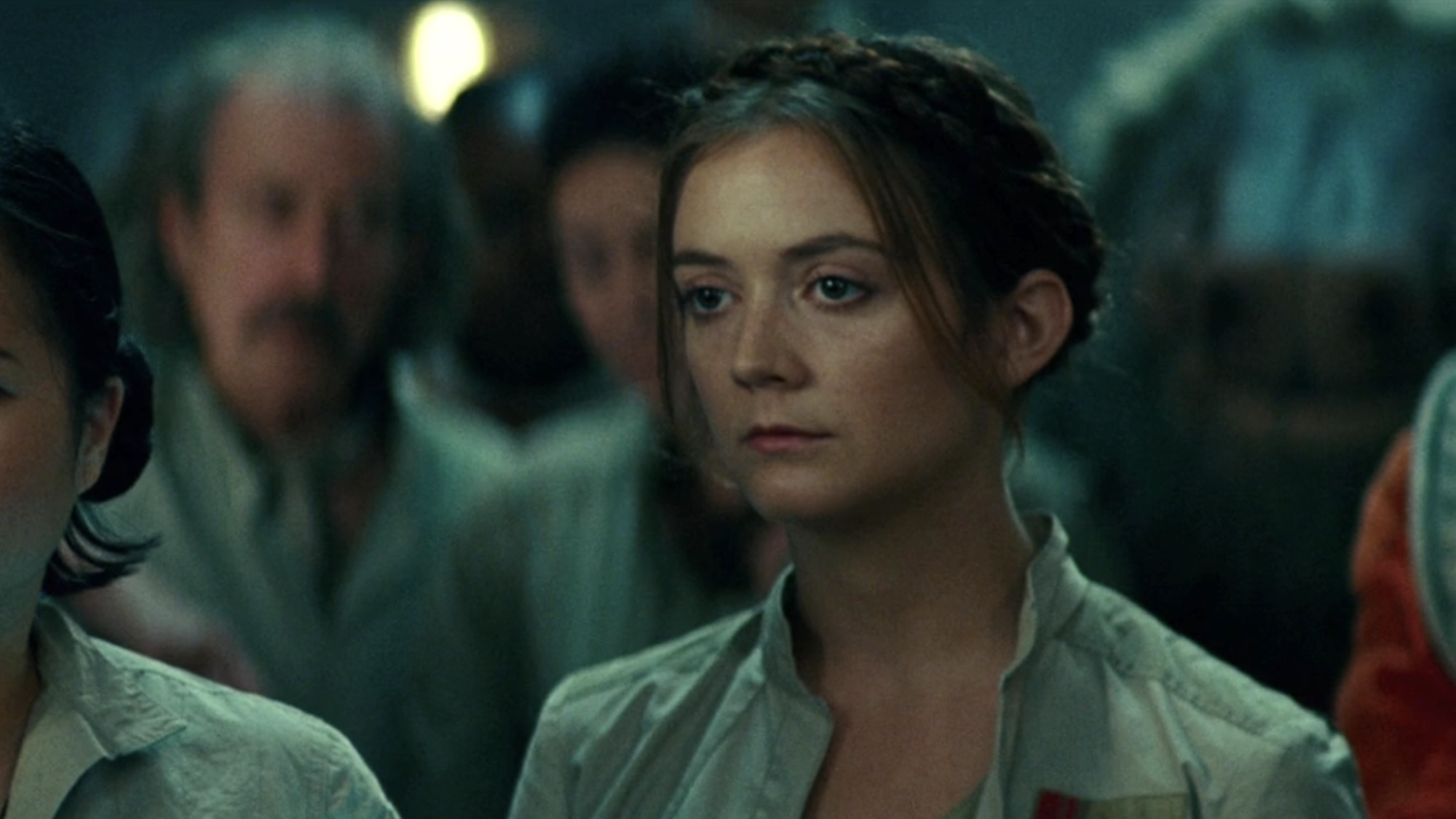 Billie Lourd wearing braids in The Rise of Skywalker after hearing about Palpatine's return. 