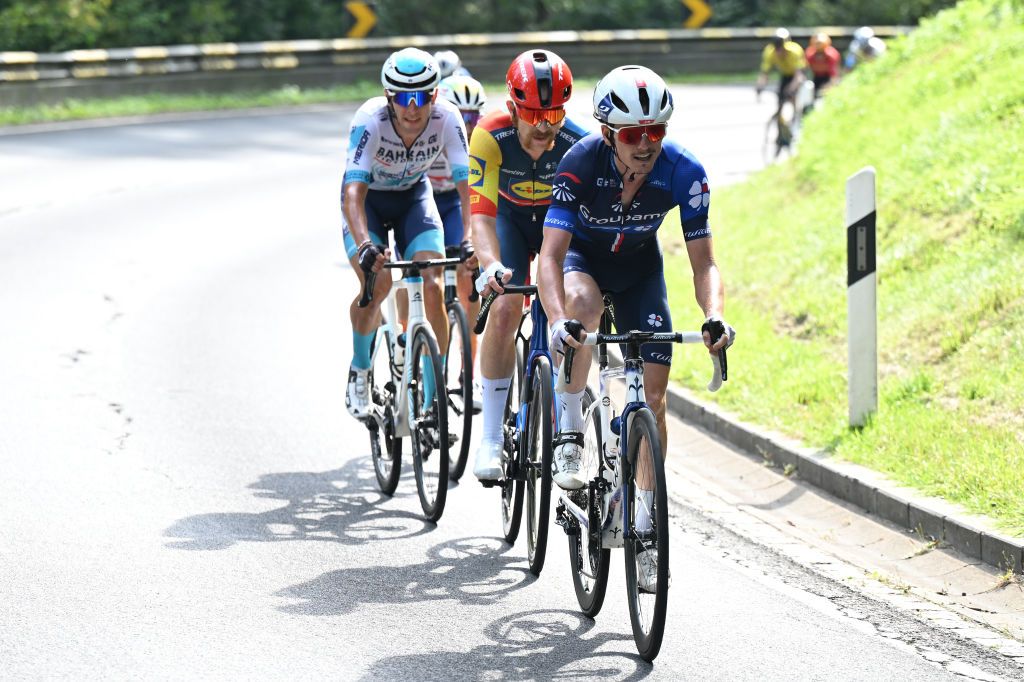 LUXEMBOURG LUXEMBOURG SEPTEMBER 22 LR Antonio Tiberi of Italy and Team Bahrain Victorious Quinn Simmons of The United States and Team LidlTrek and David Gaudu of France and Team GroupamaFDJ attack during the 84th Tour de Luxembourg 2024 Stage 5 a 1769km stage from Mersch to Luxembourg UCIWT on September 22 2024 in Luxembourg Luxembourg Photo by Tim de WaeleGetty Images