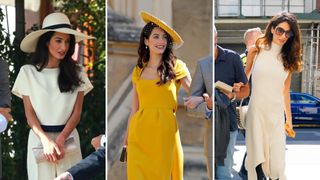 3 images of amal clooney wearing stella mccartney