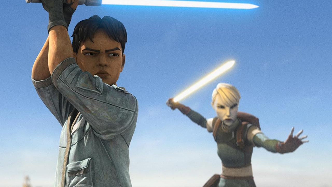  Tales of the Underworld. Two Jedi are doing their lightsaber training together. In the forefront is a Lyco Strata, an older boy with short, dark hair. In the background is Asajj Ventress (a pale woman with short white hair).