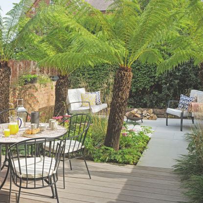 small garden with a patio and a garden set on a patio, and a large palm tree in the middle