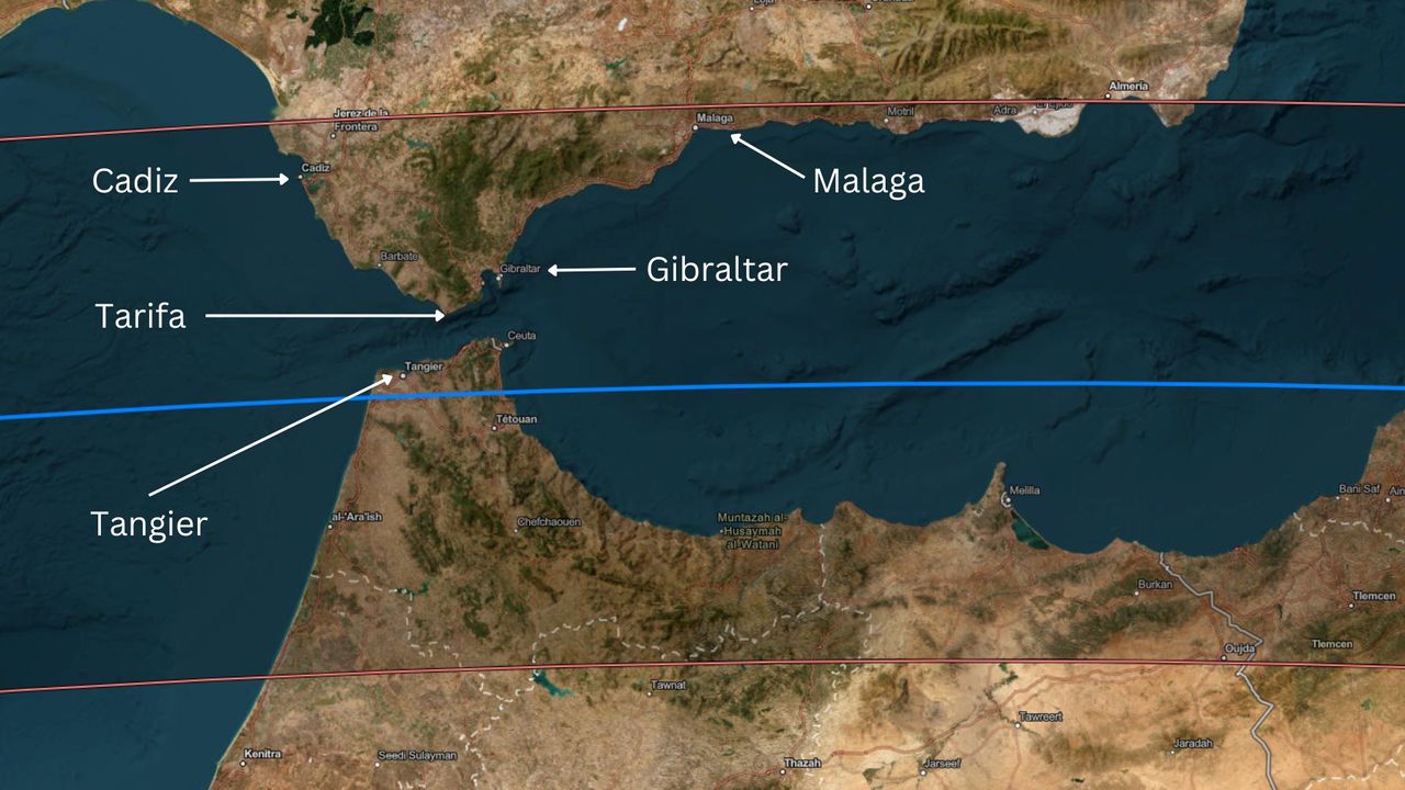 Maps showing the path of totality for the 2027 total solar eclipse.