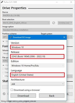 Rufus Windows 10 ISO download settings