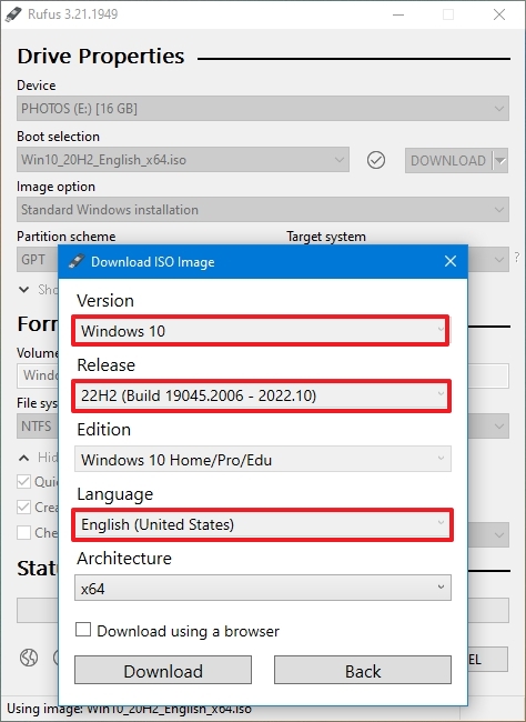 Configurações de download do Rufus Windows 10 ISO