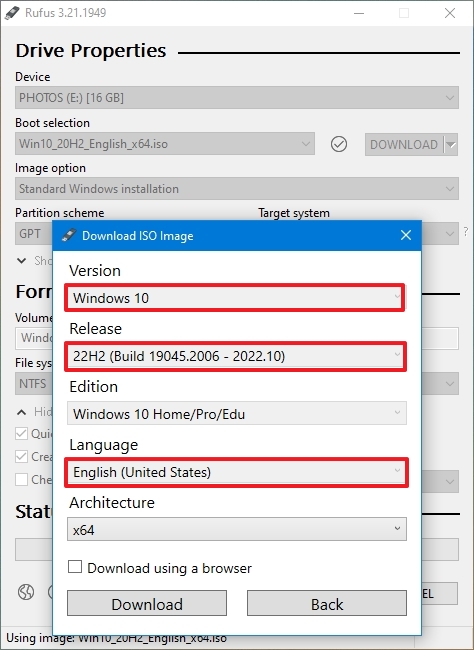 Rufus Windows 10 ISO download settings