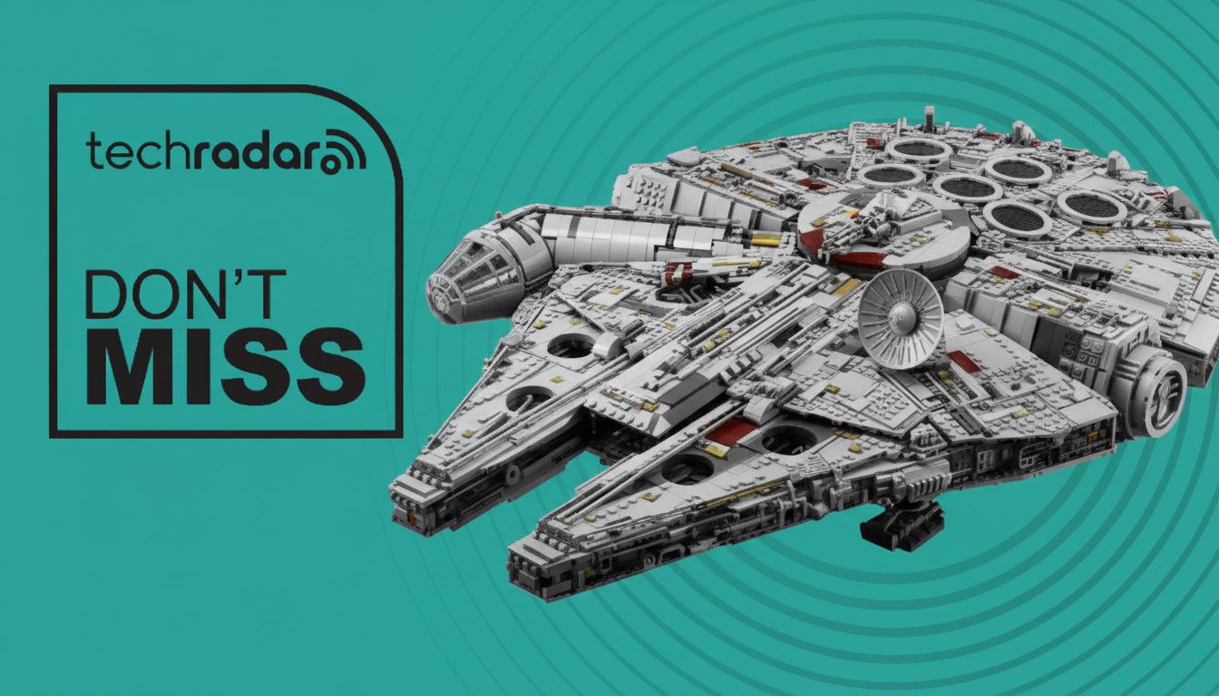 Lego Millennium Falcon on a green background with radar motif, next to text reading 'TechRadar Don't Miss'