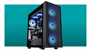 An image of an ABS Eurus Ruby gaming PC, against a teal background with a white border