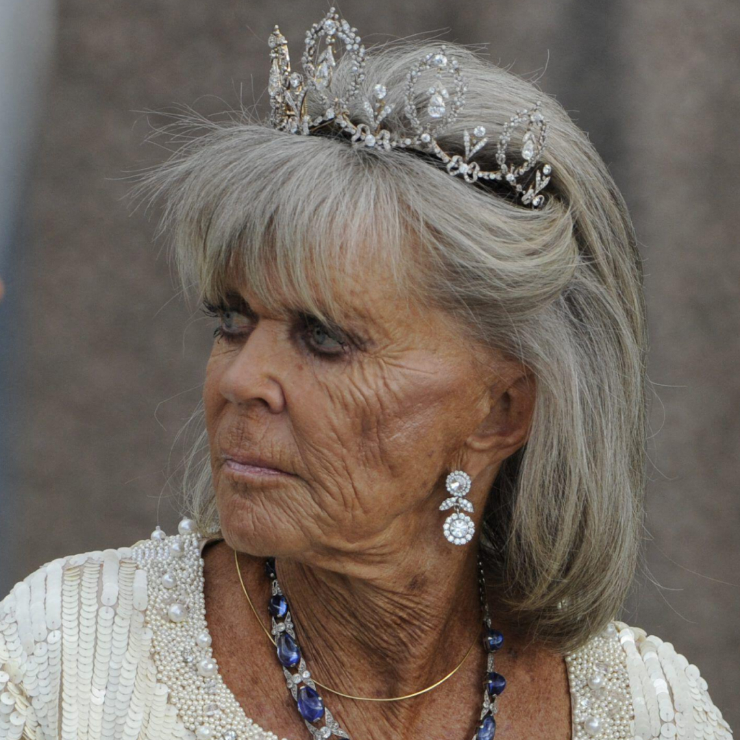 Princess Birgitta wearing a tiara and sapphire necklace