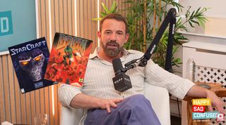 Ben Affleck talks into a studio microphone beside StarCraft and Doom game covers; plants and a colorful sign create a relaxed podcast setting.