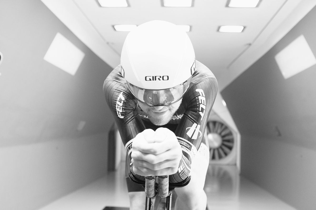 Holowesko-Citadel rider Andzs Flaksis works on his time trial position in the wind tunnel