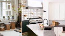 Three kitchen counter decor ideas. Left is white kitchen counter with large wooden cylinders, tall black vase and potted succulents on windowsill, middle is tiled marble kitchen island with an antique bowl filled with carrots, artichokes, and swedes, right is wooden chopping boards on black counter against white subway tiled backsplash