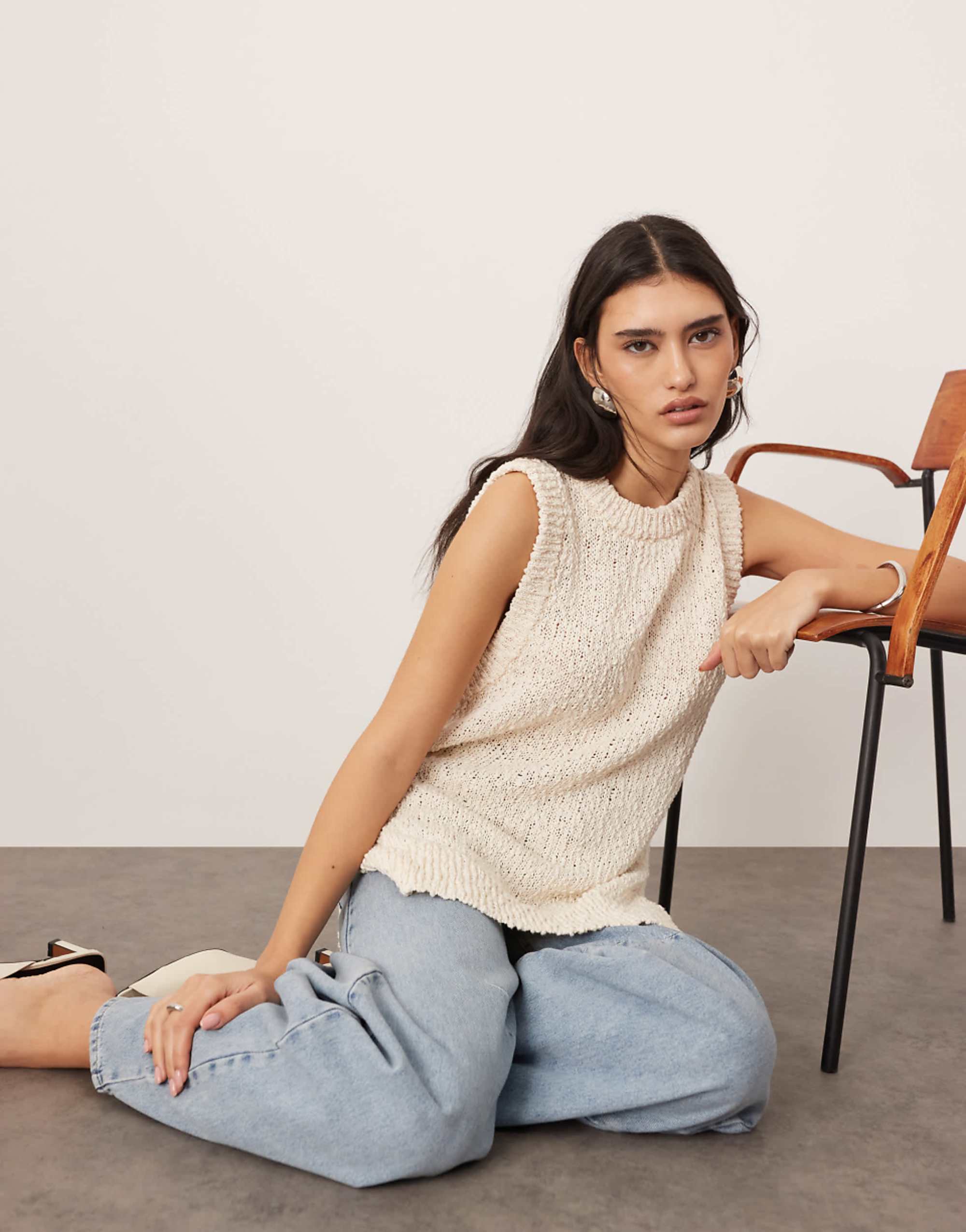 Arrange Boucle Open Knit Longline Vest Top in Off White