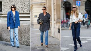 A composite of street style influencers wearing jeans and heels for work