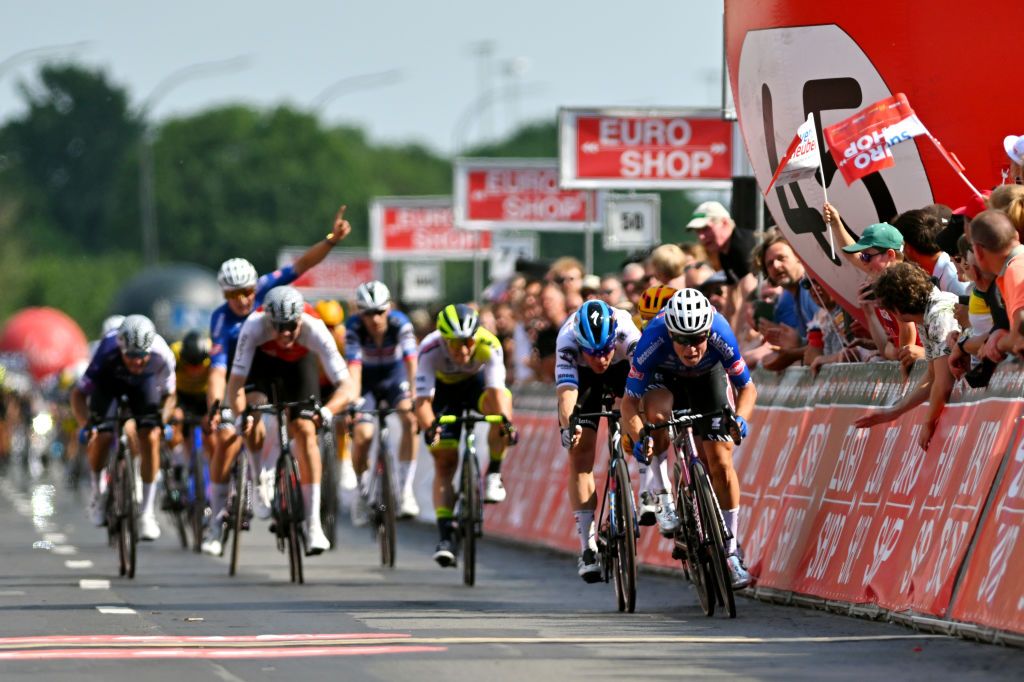 BRUGGE BELGIUM JUNE 11 LR Fabio Jakobsen of The Netherlands and Team Soudal Quick Step and Jasper Philipsen of Belgium and Team AlpecinDeceuninck sprint at finish line during the 40th Elfstedenronde Brugge 2023 a 1903km one day race from Brugge to Brugge on June 11 2023 in Brugge Belgium Photo by Luc ClaessenGetty Images