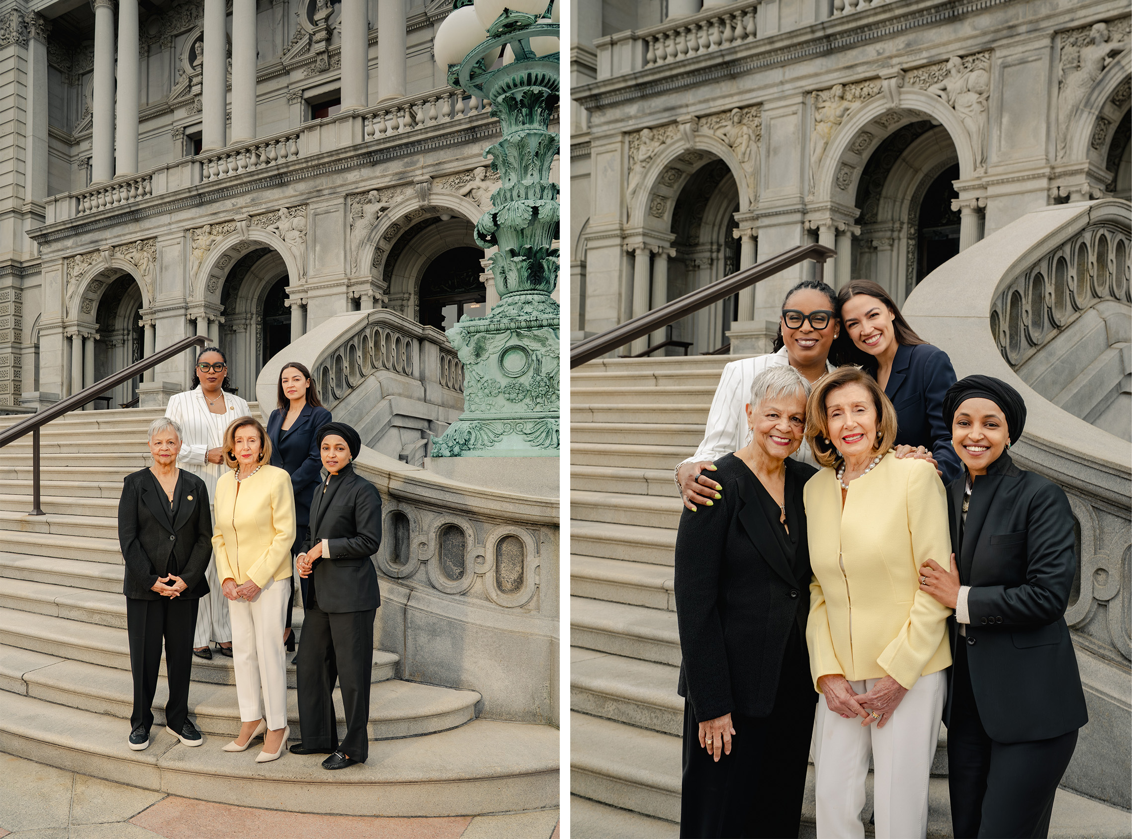 A diptych. Left: Five congresswomen pose on the Library of Congress staircase&amp;mdash;LaMonica McIver and Alexandria Ocasio-Cortez stand above, with Bonnie Watson Coleman, Nancy Pelosi, and Ilhan Omar below.